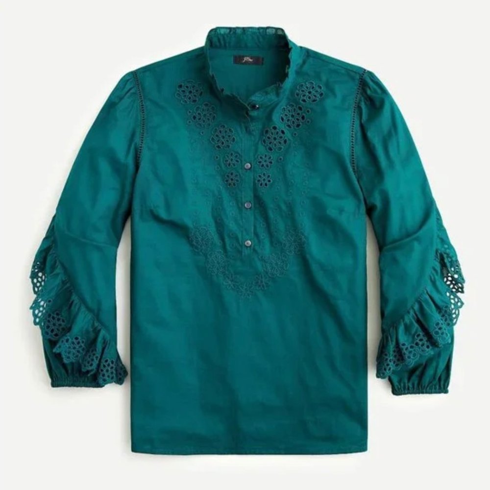 NWT - J. Crew Ruffle-sleeve Embroidered Top Dark Spruce